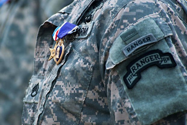 A U.S. Army soldier from the 1st Battalion, 75th Ranger Regiment stands in formation during an award ceremony.