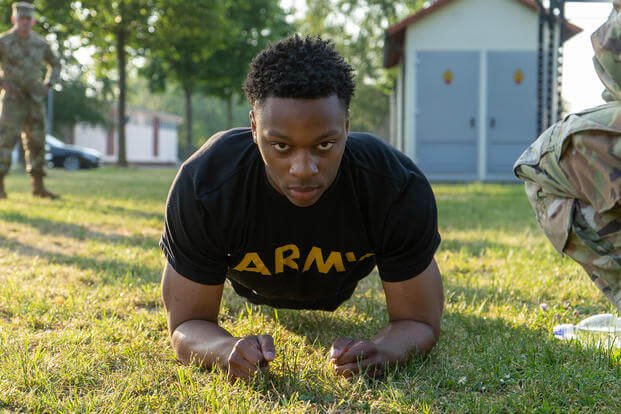 U.S. Army Spc. Trevon Jones performs a plank during the Army Combat Fitness Test portion of the Walter D. Ehlers’ Cup at Grafenwoehr, Germany.