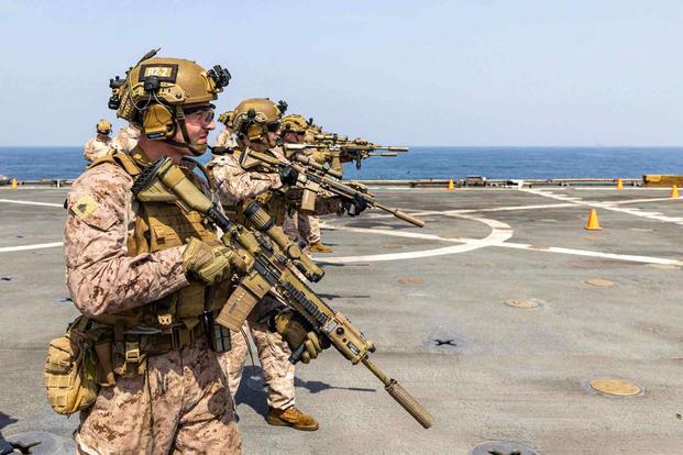 U.S. Marines with 26th Marine Expeditionary Unit aboard USS Carter Hall