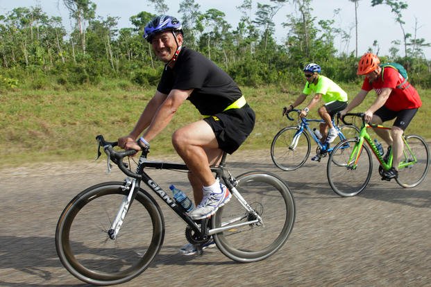 U.S. Army Maj. Gen. K.K. Chinn, the commanding general of U.S. Army South, participates in the CEO Caucus Challenge Cancer Awareness Ride in Belmopan, Belize.