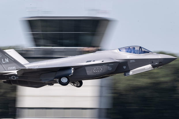 An F-35A Lightning II takes off during an airshow on Sept 8, 2023, Kleine Brogel Air Base, Belgium.