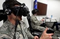 Second Lt. Kenneth Soyars, 14th Student Squadron student pilot, takes off during a virtual reality flight simulation Jan. 10, 2018, at Columbus Air Force Base, Miss. Two subjects flew at a time but no other subjects were allowed to watch or learn from other individuals’ sorties. The Adaptive Flight Training Study pushed subjects to learn through the VR technology. (Keith Holcomb/U.S. Air Force)