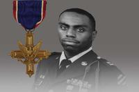 Staff Sgt. Stevon A. Booker, a 3rd Infantry Division Soldier who was assigned to Company A, 1st Battalion, 64th Armor Regiment, and killed in action in Iraq in 2003, is depicted in a photo illustration alongside the Distinguished Service Cross medal, which he is slated to posthumously receive April 5, 2019, for his heroic actions during Operation Iraqi Freedom. (U.S. Army photo illustration by Master Sgt. Shelia L. Cooper)