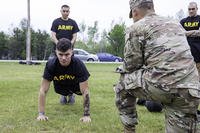 A Reserve soldier performs a hand-release push-up for the Army combat fitness test.