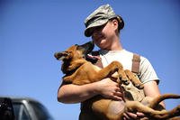 Female soldier holds her puppy.